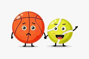 süßes Basketball- und Tennisballmaskottchen, das Hände hält vektor