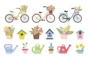 vår uppsättning av färgrik fågelholkar, cyklar, vår blommor. element för vår, sommar, säsong- design av vykort, tyger, tapet, omslag, förpackning, textilier. vektor illustration