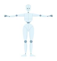 humanoid robot utövar semi platt Färg vektor karaktär. människolik dansa rörelse. redigerbar full kropp figur på vit. enkel tecknad serie stil fläck illustration för webb grafisk design och animering