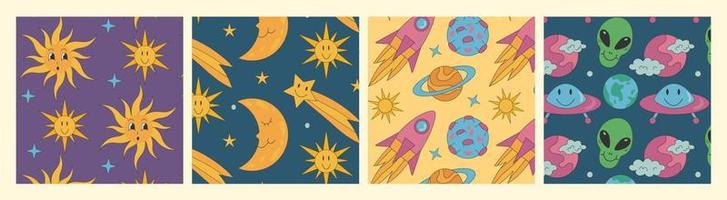 groovig Muster Hippie Planet und Sonne. Kosmos mit UFO Raumschiff und Sterne. vektor