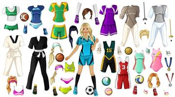söt sport tecknad serie papper docka karaktär med kläder, Tillbehör och frisyrer. vektor illustration