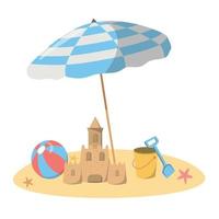 Strand Kinder Ferien Illustration mit ein Schaufel, Eimer, Sand Schloss, Ball, und Sonnenschirm. isoliert auf Weiß Hintergrund. Vorlage zum Banner, Poster, Gruß Karte, usw