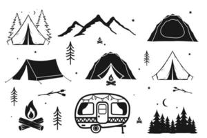 Camping Ausrüstung Silhouette Sammlung Satz. Zelt, Lager Feuer, hügel, Camping Auto, Nacht Camping, Schmerzen Baum. Camping bündeln zum Ihre Design. vektor
