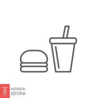 hamburgare och mjuk dryck kopp ikon. enkel översikt stil. snabb mat, hamburgare, restaurang begrepp. tunn linje symbol. vektor illustration isolerat på vit bakgrund. redigerbar stroke eps 10.