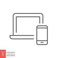 Laptop und Handy, Mobiltelefon Telefon Linie Symbol. einfach Gliederung Stil. Schreibtisch, Gerät, Bildschirm, Anzeige, Smartphone, reaktionsschnell Konzept. Vektor Illustration isoliert auf Weiß Hintergrund. editierbar Schlaganfall eps 10.