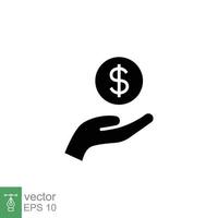 lön, sälja, pengar, företag, köpa, hand glyf ikon. enkel fast stil. spara, kontanter, mynt, valuta, dollar, finansiera begrepp. svart silhuett vektor illustration isolerat på vit bakgrund. eps 10.