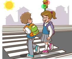 Schüler Kinder Kreuzung Fußgänger Kreuzung gehen zu Schule vektor