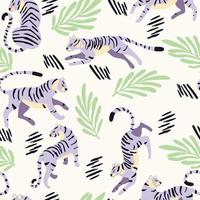 nahtlos Muster mit Hand gezeichnet exotisch groß Katze lila Tiger, mit tropisch Pflanzen und abstrakt Elemente auf Weiß Hintergrund. bunt eben Vektor Illustration