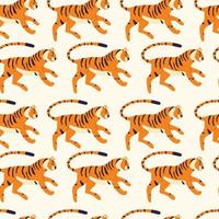 sömlös mönster med hand dragen exotisk stor katt tiger, på grädde bakgrund. färgrik platt vektor illustration