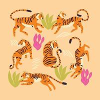 samling av söt hand dragen tigrar på ljus brun bakgrund, stående, Sammanträde, löpning och gående med exotisk växter och abstrakt element. färgrik vektor illustration