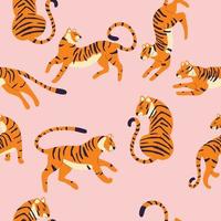 nahtlos Muster mit Hand gezeichnet exotisch groß Katze Tiger, auf hell Rosa Hintergrund. bunt eben Vektor Illustration