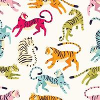 sömlös mönster med hand dragen exotisk stor katt tigrar, i annorlunda vibrerande färger, med tropisk växter och abstrakt element på ljus grädde bakgrund. färgrik platt vektor illustration