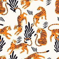 sömlös mönster med hand dragen exotisk stor katt tiger, med tropisk växter och abstrakt element på grädde bakgrund. färgrik platt vektor illustration