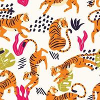 nahtlos Muster mit Hand gezeichnet exotisch groß Katze Tiger, mit tropisch Pflanzen und abstrakt Elemente auf Sahne Hintergrund. bunt eben Vektor Illustration