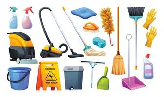 uppsättning av rengöring Utrustning. hus rengöring service verktyg isolerat på vit bakgrund vektor