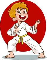 tecknad serie barn Träning krigisk konst i kimono enhetlig. karate eller taekwondo karaktär illustration. vektor