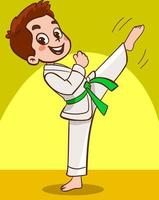 karikaturkinder, die kampfkunst in kimonouniform trainieren. karate- oder taekwondo-charakterillustration. vektor