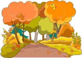 Herbst Jahreszeit im ein Wald zündete mit Sonnenlicht Karikatur Vektor