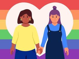 zwei Freundinnen halten Hände mit Herz und Regentuch Flagge auf das Hintergrund eben Stil Illustration vektor