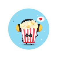 süßes Popcorn-Maskottchen, das Musik hört vektor