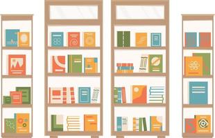 Bücherregale mit Bücher. Möbel von Buch Geschäft, Bibliothek. Geschäft Fenster mit Bücher. Vektor Illustration isoliert auf Weiß Hintergrund.