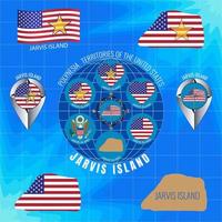 uppsättning av vektor illustrationer av flagga, kontur Karta, pengar, ikoner av jarvis ö. områden av de förenad stater. resa begrepp.
