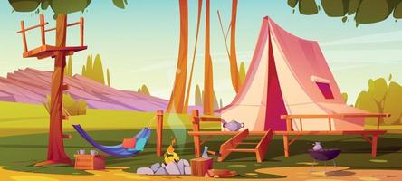 tecknad serie läger med tält, bål och hängmatta vektor