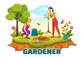 Gärtner Illustration mit Garten Werkzeug, Landwirtschaft, wächst Gemüse im botanisch Sommer- Gartenarbeit eben Karikatur Hand gezeichnet zum Landung Seite Vorlagen vektor