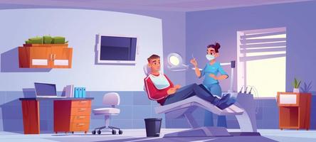 Zahnarzt mit geduldig Pflege von Zahnschmerzen im Kabinett vektor