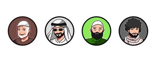 uppsättning avatar av muslim manlig tecken med muslim keps, keffiyeh. runda, cirkel ikon för social media, användare profil, hemsida, app. linje tecknad serie stil. vektor illustration.