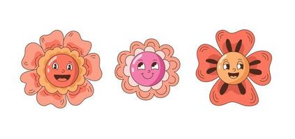 Lycklig blomma tecknad serie ansikte uppsättning vektor