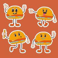 tecknad serie karaktär retro klistermärke burger mat 70-tal. i trendig häftig hippie retro stil. vektor