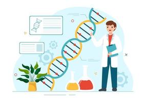 genetisk teknik och dna ändringar illustration med genetik forskning eller experimentera vetenskapsmän i platt tecknad serie hand dragen mallar vektor