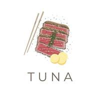 Vektor Illustration Logo von Thunfisch Tataki ahi Thunfisch oder frisch Thunfisch Fleisch bedeckt im Sesam und gegessen mit Essstäbchen