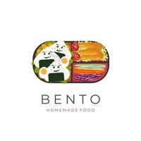 Kinder Bento Box Mittagessen Box Vektor Illustration Logo mit gesund Onigiri Seite Gericht und Gemüse Füllung
