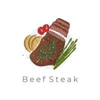 saftig Rindfleisch Steak Vektor Illustration Logo gegrillt und serviert mit frisch Spargel Tomaten und Kartoffeln