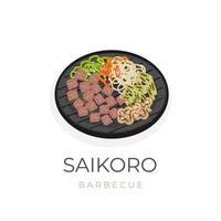 nötkött saikoro utegrill vektor illustration logotyp komplett med färsk grönsaker på de grill