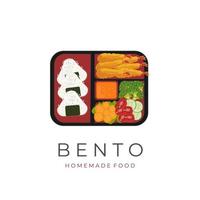 vektor illustration logotyp japansk bento lunch låda med onigiri tempura fyllning och färsk grönsaker