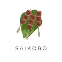 saikoro nötkött satay vektor illustration logotyp över färsk grön grönsaker med bambu grillspett