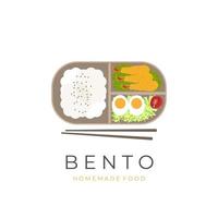 trä- lunch låda bento vektor illustration logotyp med fylld tempura eBI furai ris och färsk grönsaker