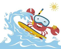 komisch Krabbe tragen Tauchen Brille Surfen mit wenig Seestern, Vektor Karikatur Illustration