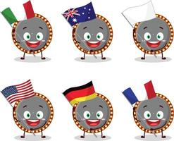 Neon- Plakatwand Karikatur Charakter bringen das Flaggen von verschiedene Länder vektor