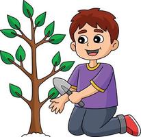 pojke plantering träd tecknad serie färgad ClipArt vektor