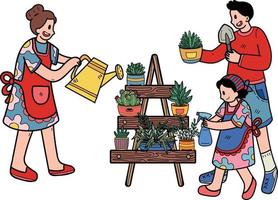 familj portion till vård för de växter i kastruller illustration i klotter stil vektor