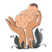 Neugeborene Baby im weiblich Hände von Mutter oder Hebamme Linie Vektor isoliert Illustration. International Hebamme Tag Konzept. Mutterschaft, Mutterschaft, Babys und schwanger Logo, Poster, Emblem design.baby Geburt