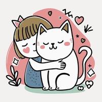 de flicka kramar de katt. söt illustration av en barn med en katt. vektor