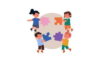 glücklich süß wenig Kind Junge und Mädchen abspielen zusammen zum machen ein groß Puzzle Illustration vektor