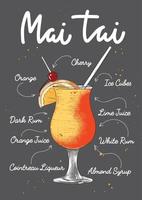 vektor graverat stil mai tai cocktail illustration för affischer, dekoration, logotyp och skriva ut. hand dragen skiss med text och recept, dryck Ingredienser. detaljerad färgrik teckning.