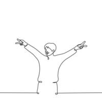 Mann steht mit seine Waffen angehoben zu das Seiten zeigen ein Geste von Frieden - - einer Linie Zeichnung Vektor. Konzept Lächeln und Frieden Geste vektor