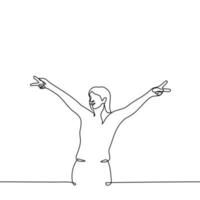 Frau steht mit ihr Waffen angehoben zu das Seiten zeigen ein Geste von Frieden - - einer Linie Zeichnung Vektor. Konzept Lächeln und Frieden Geste vektor